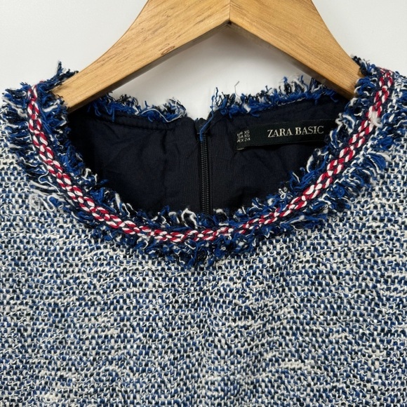 Zara Blue Tweed Pinafore Dress Women’s XS Retro Style Apron Dress Fray Hem - Picture 10 of 13